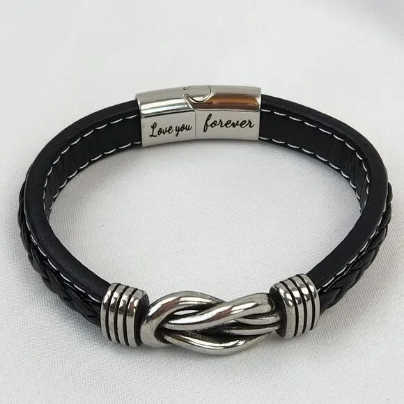 🔸️NIB Black "To My Man" Braided Leather Infinity Knot Cuff Bracelet 7.8" - Picture 7 of 11